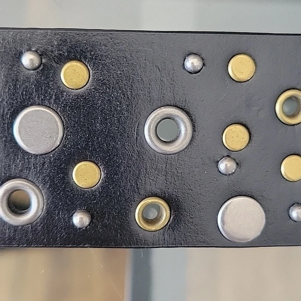 Y2K Genuine Bonded Black Leather Silver Brass Studded Embellished Belt New